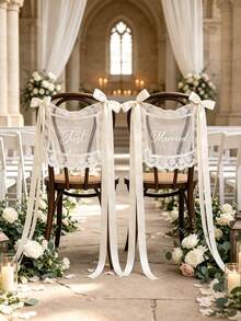 1pc Ivory Lace "Just Married" Chair Back Decor With Long Satin Ribbon Bow, Suitable For Groom & Bride Banquet Chairs, Church Ceremony, Bridal Party, Wedding Couple Chairs Decoration And Photo Backdrop Chair Decor - Off-white - View 3