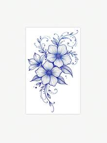1 Pc Blue Flower Temporary Tattoo Stickers Waterproof Floral Fake Tattoos For Women Girls Elegant Body Art Decoration - Blue - View 5