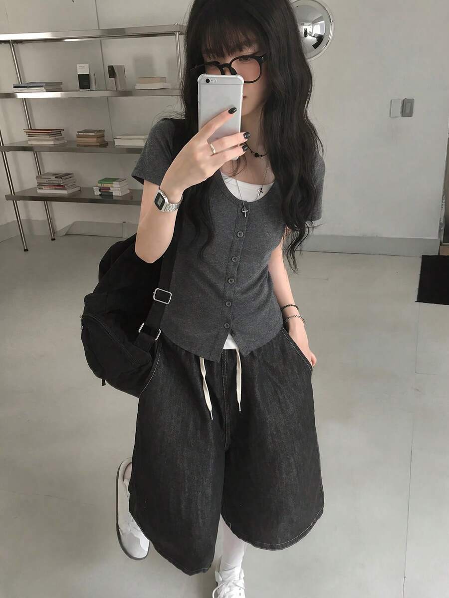 Korean Minimalist Preppy Style Niche Color Block Design Round Neck Summer Slimming 2 In 1 Fitted Short Sleeve T-Shirt Crop Top For Women - Grey - View 1