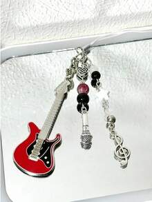 1pc Handmade Guitar Note Beaded Keychain, Minimalist Girly Ins Style Phone Charm, Cute Accessory For Daily Use By Women - Red - View 3