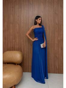 Long, One-Shoulder Party Dress In Dark Nude, Flowing Style, For Bridesmaids/Dates/Graduations/Guests. - Royal Blue - View 2