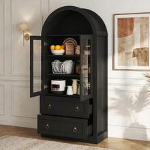 Tall Curved Storage Cabinet (80 X 36 X 170 Cm) With Drawers And Doors, For Kitchen And Living Room, Glass Doors, Black - Black - View 4