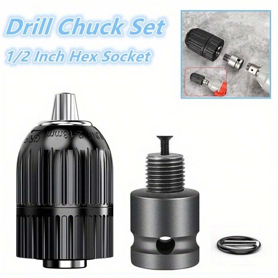 Set Chuck Bor, Konverter Bor Tanpa Kunci Pengunci Otomatis Tangkai Heksagonal 1/2 Inci, Cocok untuk Kunci Pas Listrik, Muat Mata Bor 2,0mm/0,08 Inci hingga 13mm/0,51 Inci