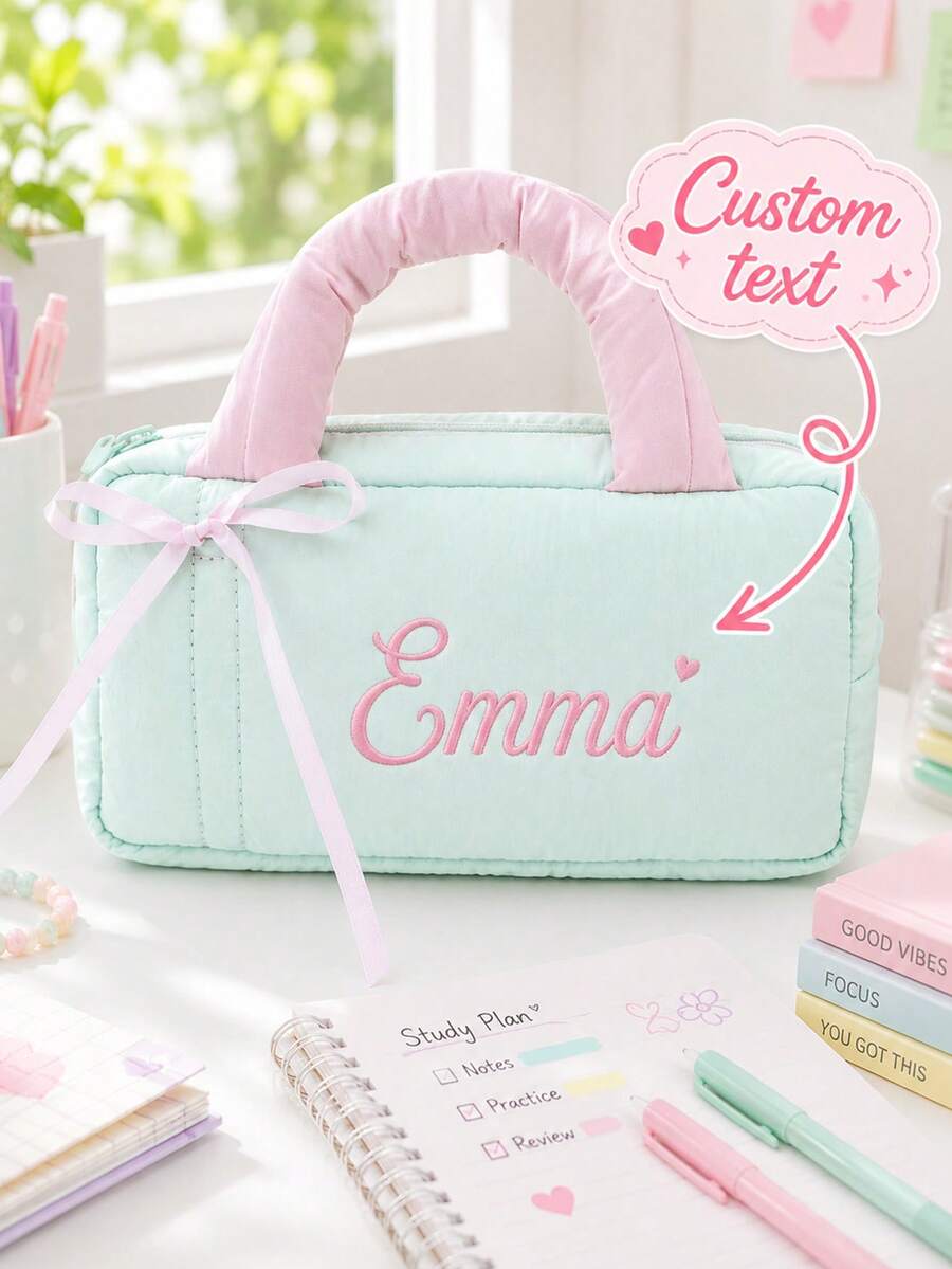 Personalized Name Pencil Case, Customized Pencil Pouch, Cute Stationery Storage Bag, Large Capacity Zipper Makeup Organizer, Portable Travel Storage Bag, School Supplies Organizer, Customized Text Gift, Back To School Stationery Gift - Multicolor - View 1