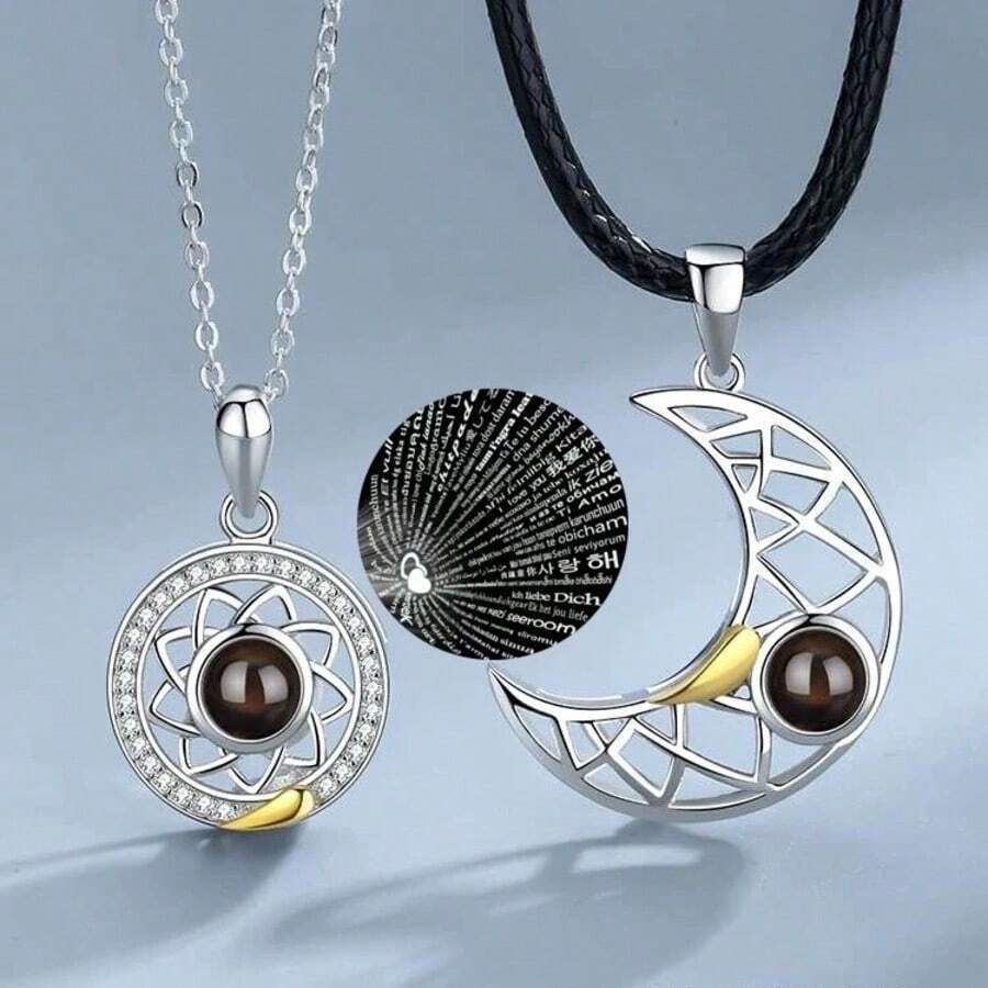 CIREY 1pc 100 Languages "I Love You" Sun & Moon Pendant, Miniature Letter Projection Couple Necklace, Suitable As Valentine's Day Gift - Sun and Moon Necklace - View 1