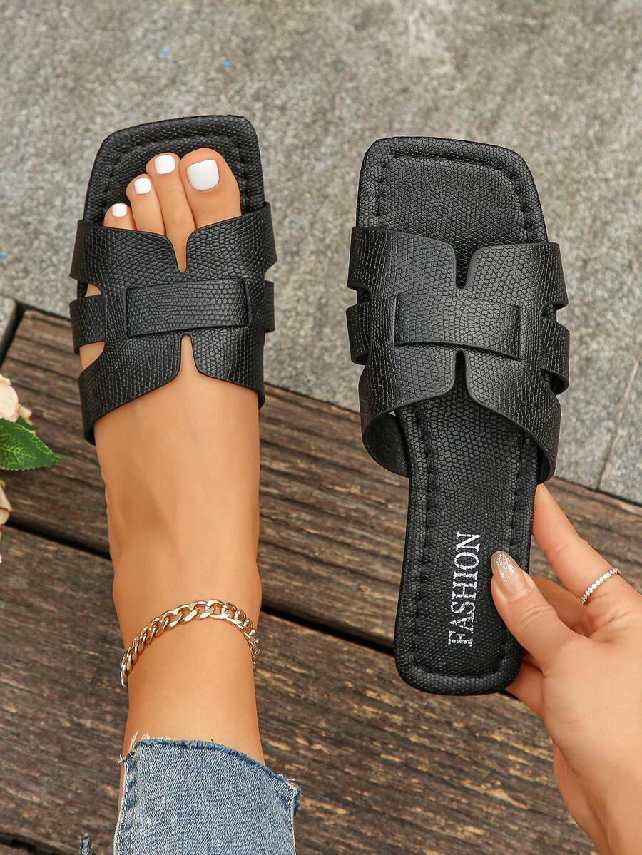 Women's Black Flat Slippers H-Shaped Symmetrical Woven Strap Square Toe Flat Fashion Summer Daily Wear Black Sandals Size 35-43 - Black Embossed - View 1