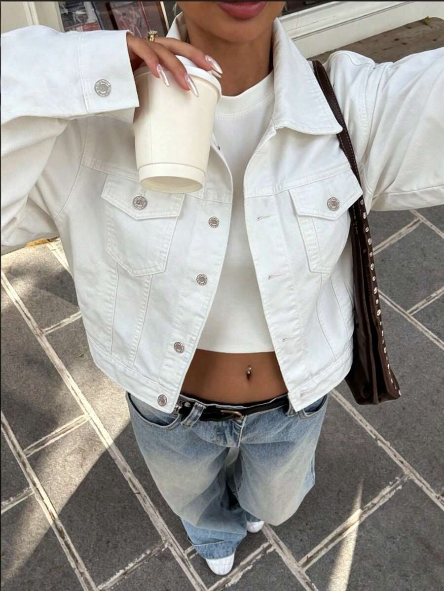 女款休閒百搭白色短版牛仔外套，秋季穿搭