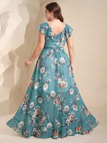 UNITHORSE Non-Positioning Flower V-Neck Ruffle Collar Detachable Tie Asymmetrical Ruffle Hem Printed Bridesmaid Dress - Green - View 2