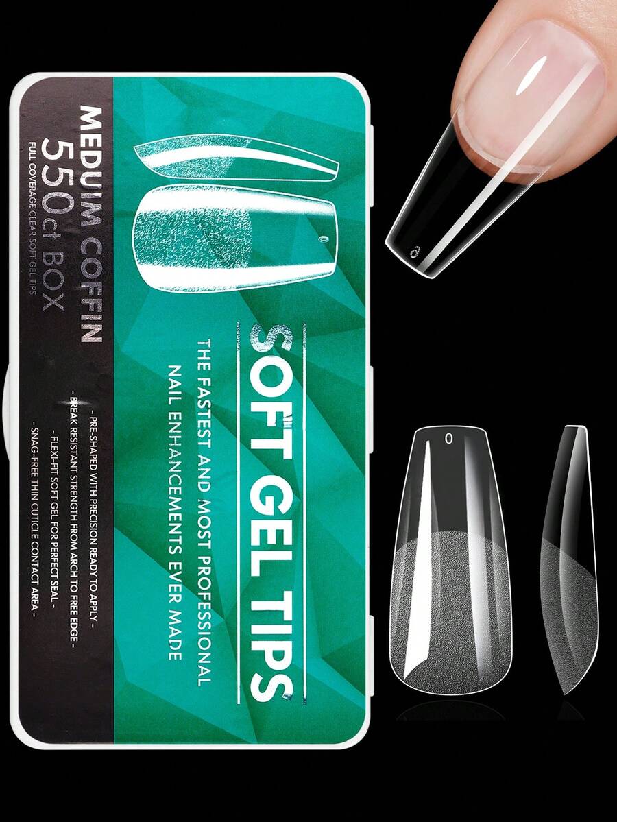 600pcs Full Coverage Press-On Nail Tips, Pointed, Almond, Square, Coffin, French Style Fake Nails, Soak-Off Gel Extension Nail Tips, Capsule Pack DIY Press-On Nail Supplies Handmade Press On Nails - Clear - View 1