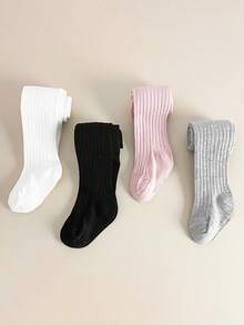 4 Pairs Girls All-Match Minimalist Ribbed Snug Fit Leggings, All-Season Versatile Base Layer Tights, Suitable For Girls' Daily Wear - Multicolor - View 2
