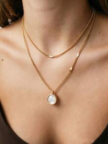 1pc European And American French Luxury Style Round White Mother Of Pearl Double Layer Necklace Layered Collarbone Chain Suitable For Daily Wear, Gift - Gold - View 1
