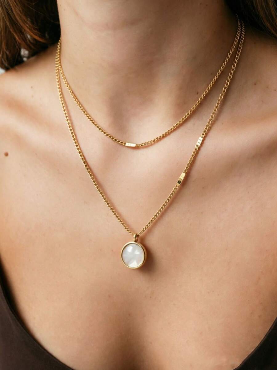 1pc European And American French Luxury Style Round White Mother Of Pearl Double Layer Necklace Layered Collarbone Chain Suitable For Daily Wear, Gift - Gold - View 1