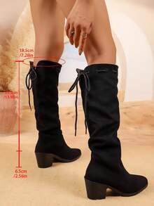 Women's Vintage Western Boots, Chunky Heel, Pointed Toe, Tall Shaft, Slouchy Leg, High Heel, Riding Boots, Autumn/Winter New Style, Fashionable Versatile - Black - View 6