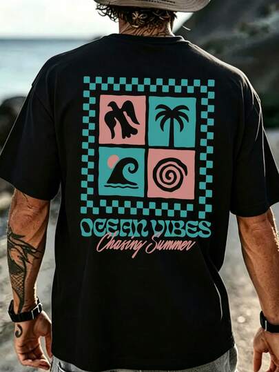 Coastal | Men's Casual Vacation Style Colorblock Four-Panel Island Print Short Sleeve T-Shirt | Suitable For Summer Wear | Comfortable And Breathable | Leading Fashion