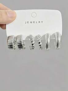 6-24 piezas de pendientes elegantes y a la moda, conjunto de pendientes geométricos multi-plateados, conjunto de pendientes de moda para mujer, uso diario, conjunto de pendientes chapados en plata sin decoloración y de baja alergia - Plateado - Ver 6
