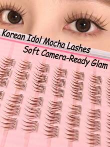 Asiteo 60/120/180pcs C Curl Brown Natural Korean Idol Mocha Self-Adhesive False Eyelashes, No Glue Needed, Suitable For Beginners, Camera-Ready Eye-Catching Pre-Glued False Eyelashes, Natural Thin Single Cluster False Eyelashes, Create K-Pop Idol Makeup Look - C - 查看 1