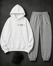 Conjunto Moletom com Boné Brasil Bandeira Cultura Urbana Unissex Agasalho Casual Premium Streetwear Lançamento Várias Cores!! Plus Size - Moletom Branco + Calça Cinza + Boné Preto - Visão 1