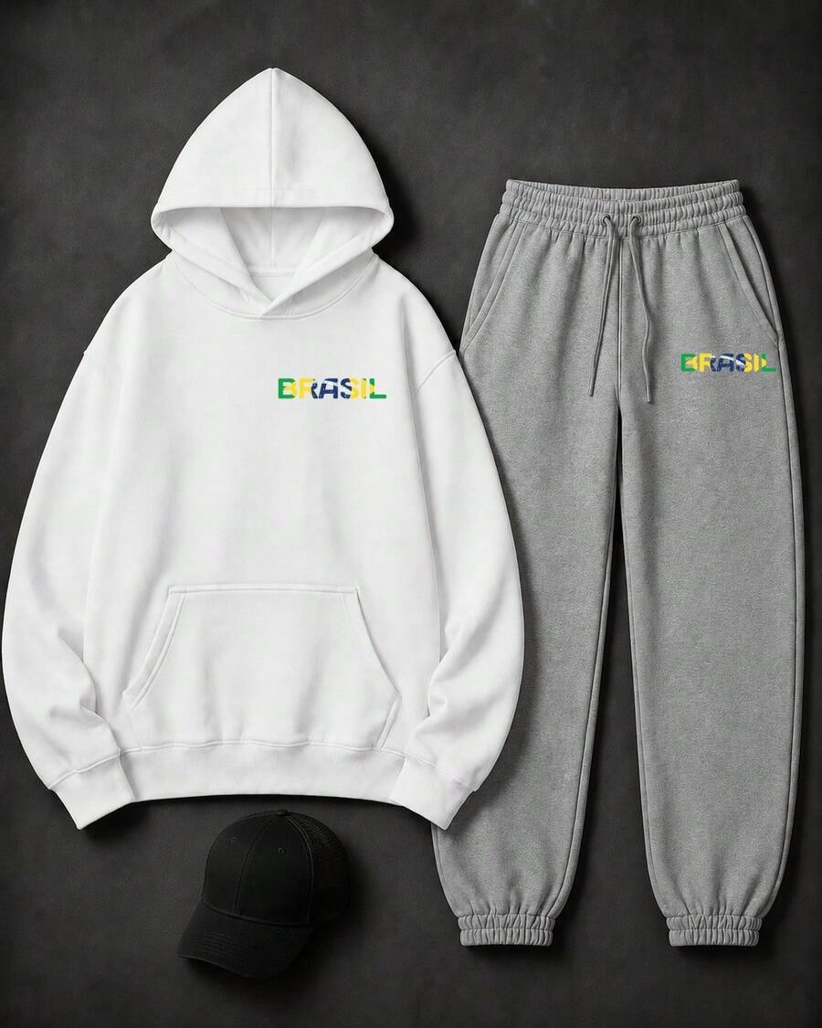 Conjunto Moletom com Boné Brasil Bandeira Cultura Urbana Unissex Agasalho Casual Premium Streetwear Lançamento Várias Cores!! Plus Size - Moletom Branco + Calça Cinza + Boné Preto - Visão 1