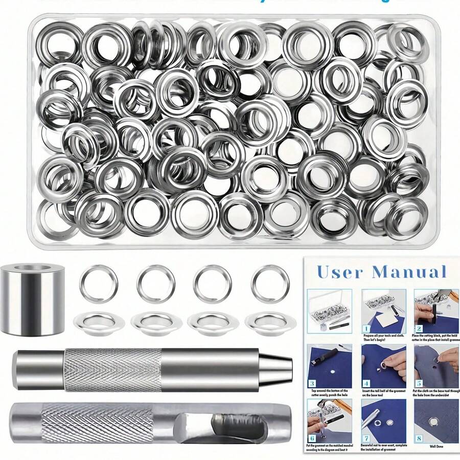 100件組 (6/8/10/12mm) 金屬雞眼環工具套件，中空沖孔工具組附雞眼環，適用於皮革、布料、腰帶的衣物雞眼環工具組，附衝擊印模與沖孔器，適用於珠寶製作－耐用鐵製工具，適用於皮革、腰帶、衣物與窗簾－含收納袋，雞眼環套件 | 沖孔工具 | 耐用工具