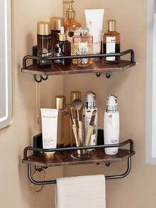1pc No-Drill Bathroom Shelf, Wall-Mounted Wood Grain Bathroom Storage Rack With Hooks And Towel Bar, Toiletry Organizer - Multicolor - View 5