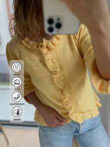 French Cottagecore Ruffle Edge Knit Cardigan, Elegant Button‑Up Long Sleeve Sweater For Women, Fashion Top For Autumn Winter Daily Commute & Party - Yellow - View 6
