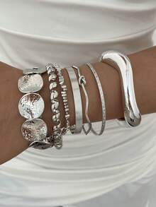 7pcs/1pc Vintage Casual Punk Style Women's Silver Metal Asymmetrical Round Disc Hammered And Wavy CCB Open Bangle Bracelet, Suitable For Daily Wear, Party, Gathering And Summer Vacation, Gift - Silver - View 3