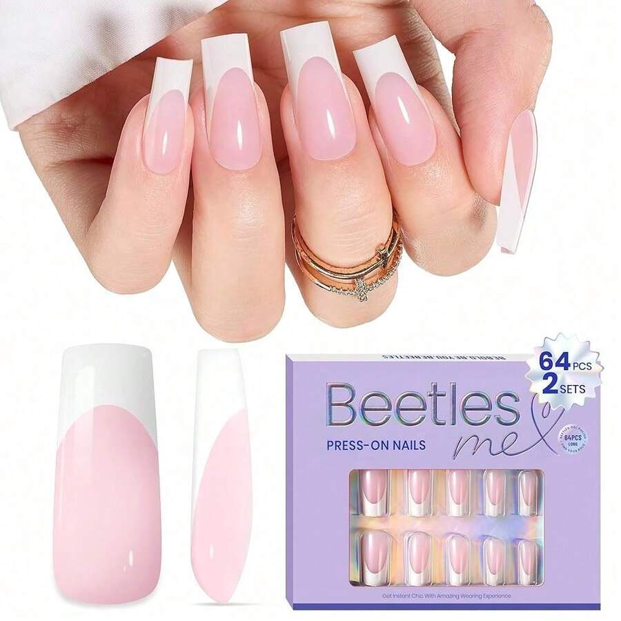 BEETLES 64片 16種尺寸長方形美甲貼紙,粉色漸層美甲貼紙,時尚美甲延長DIY美甲禮物,適合女性指甲 - 64PCS 16Sizes Long Square Press On Nails - 查看 1