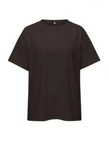 Vaiaye Women's Loose Round Neck Casual T-Shirt, Solid Color Minimalist Slim Fit Short Sleeve T-Shirt Brown - Brown - View 3