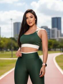 Premium Suplex Fitness Set With Pants And Non-Transparent Cup Top, Fitness Gym Clothing Kit, High Compression Leggings - 綠色 - 查看 1