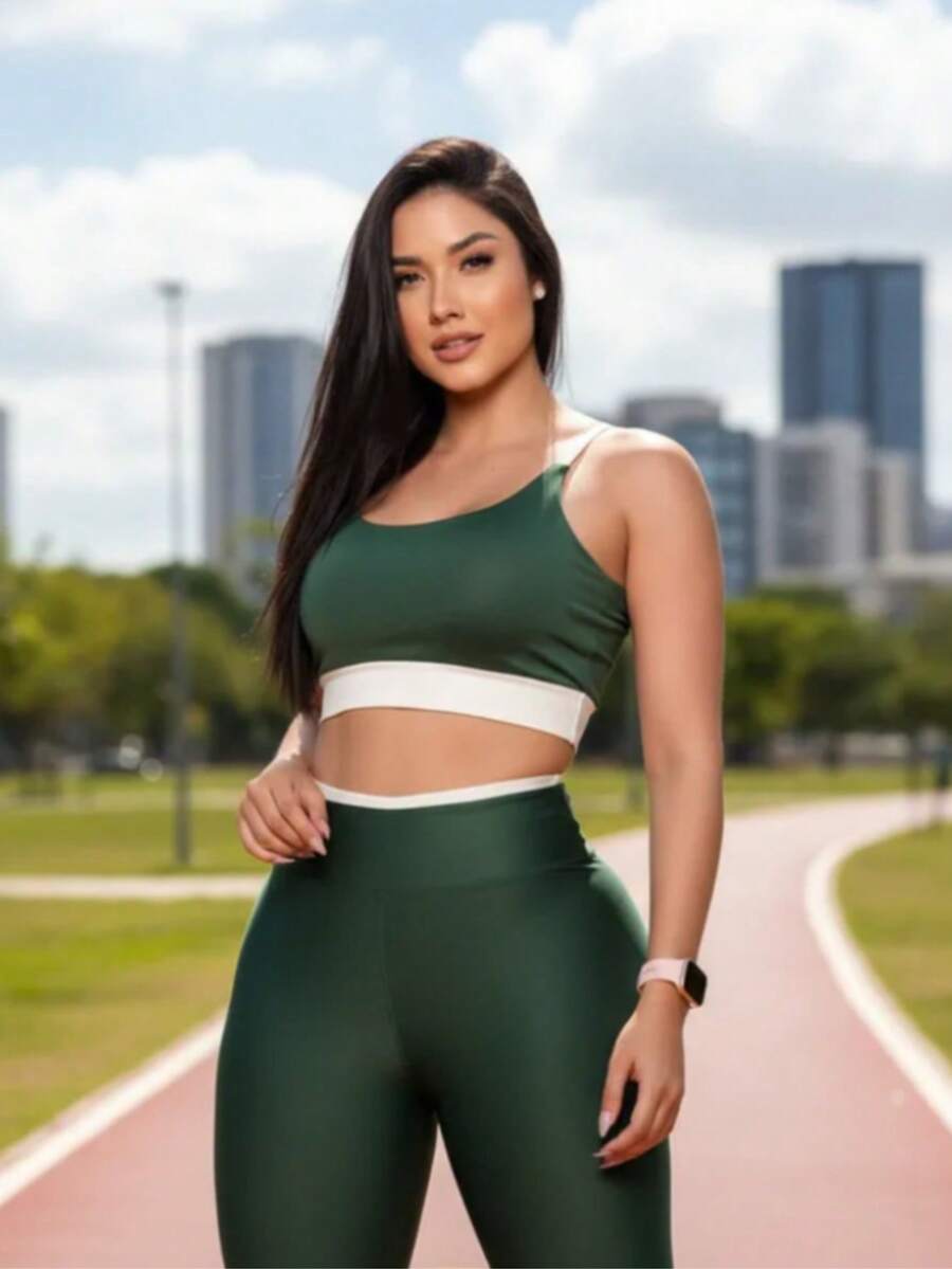 Premium Suplex Fitness Set With Pants And Non-Transparent Cup Top, Fitness Gym Clothing Kit, High Compression Leggings - 綠色 - 查看 1
