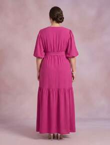 Women's Plus Size Long Dress Duna Flowy 3/4 Sleeve V-Neck Waist Tie Slit Ruffled Hem With Slit - 玫紅色 - 查看 6