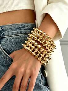 LADYCOCO 3-Layer Punk Rivet & Spike Bracelet Set, Unisex Gold Fashion Open Cuff Bracelet, Suitable For Daily Wear, Party And Music Festival - Multicolor - View 1