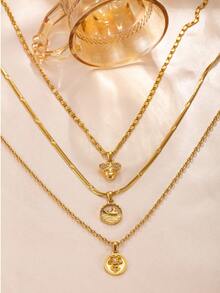 3pcs Elegant Stainless Steel Flower Bee Whale Rhinestone Necklace Set For Women, Suitable For Daily Wear, Date, Holiday And Party Accessories - Gold - View 4