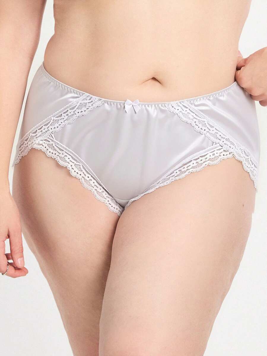 Aesletic 1PC Plus Size Women's Panties Satin-Finish Lace Bright Pink Bow Sexy Panties. Breathable,Lace, Lightweight Highly Elastic,Specially Designed - Light Grey - View 1