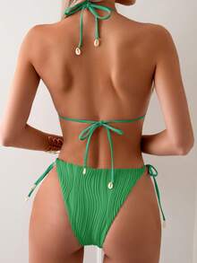Conjunto de 2 piezas de bikini de triángulo con espalda de textura de onda especial de unicolor para mujer, verano - Verde - Ver 4