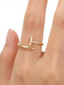 1 pieza Anillo de perla simple, anillo minimalista de plata sólida ajustable, diseño delicado - Amarillo Oro - Ver 3