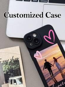 1pc Customized Romantic Couple Photo Doodle Sweet Pink Heart Personalized Signature Phone Case, Suitable For Couples, Friends, Besties, Family, Etc., Black Soft Full Coverage Protective Shell Compatible With Samsung, Apple 13 14 15 14C A14 A15 16A A34 A35 A36 A53 A54 A55 A56 S25 S24 S23 S22 S21 S20 Ultra 16 Pro Max - Multicolor - View 4