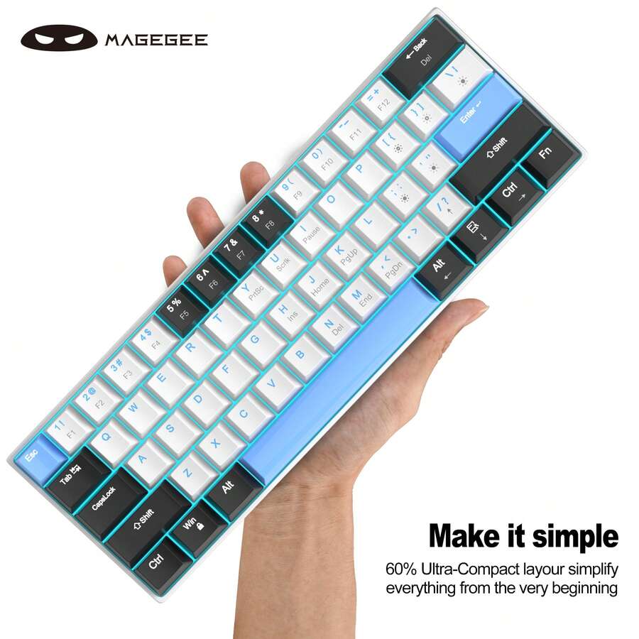 MageGee Star61 Mini 60% RGB Gaming Mechanical Keyboard 61 Keys Wired USB-C Multi-Device Gaming Keyboard Customizable Keycaps Suitable For Laptop PC Computer Gamers [Black & Blue: Brown Switch] - Black and white blue (Brown Switch) - View 1