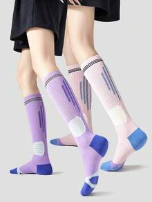 1/4 Pair Random Women Multicolor Striped Comfortable Soft Yoga Pilates Running Jumping Rope Fitness Knee High Compression Sports Socks - Multicolor - View 3