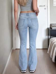 MYOURSA Double Button Low Rise Flare Leg Jeans Bootcut Y2k Stretchy Casual Daily School Party Outfits Light Blue Fall - Light Wash - View 4