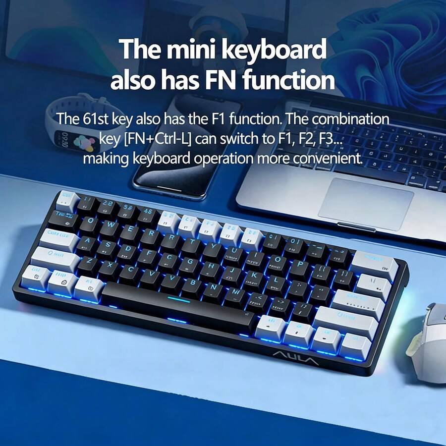AULA F3361 Mechanical Keyboard Custom Hot Swappable 61 Key Blacklight Gaming Keyboard FN Multimedia Responsive Wired Keyboard For Mouse Office Home Laptop PC Esports Game