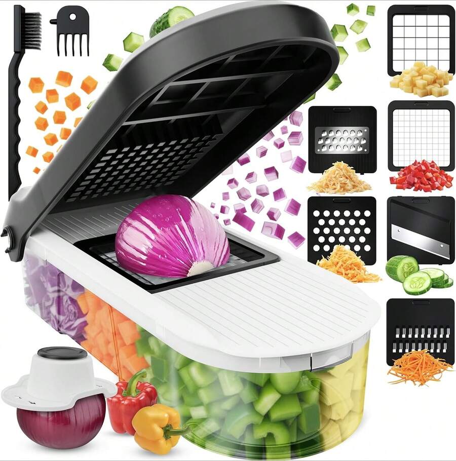 Tagliaverdure professionale multifunzione a mandolina, grattugia manuale Juliana per cipolle, cetrioli, patate fritte e formaggio, utensile da cucina compatto 6 in 1 colore bianco - Bianco - Visualizzare 1