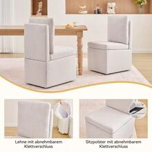 068-Silla de comedor multifuncional con almacenamiento y ruedas, silla de cocina tapizada sin reposabrazos, silla de escritorio giratoria 360°, funda de chenilla color beige oscuro, capacidad de carga de hasta 110 kg (juego de 1) - Blanco - Ver 3