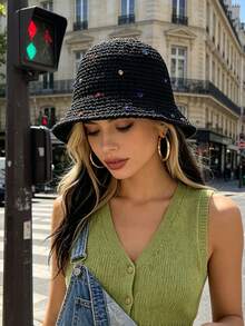 1 buah Topi Jerami Pantai Wanita Berlubang dengan Hiasan Berlian Imitasi, Topi Pantai Pelindung Matahari Musim Semi/Panas, Cocok untuk Liburan, Pemakaian Sehari-hari, Fotografi, dan Berpakaian - Berlian Berwarna 8056 - View 3