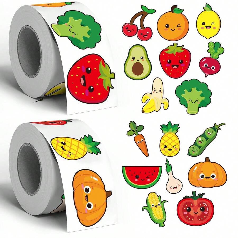 500 miếng nhãn dán cuộn doodle rau củ và trái cây hoạt hình, kích thước lớn 1.2 inch, họa tiết bất đối xứng, 2 kiểu để lựa chọn, nhãn niêm phong, ngày đầu đến trường - Nhiều màu - Xem 1