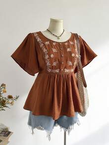 Rusttydustty Women's Brick Red Orange Round Neck Ruffle Sleeve Half-Button Embroidered Bohemian Casual Top, Suitable For Autumn And Halloween - Burnt Orange - View 4