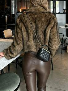 1pc Solid Color Woven Fabric Faux Fur Patchwork Women's Faux Fur Jacket Suitable For Evening Date In Autumn/Winter - Khaki - View 2