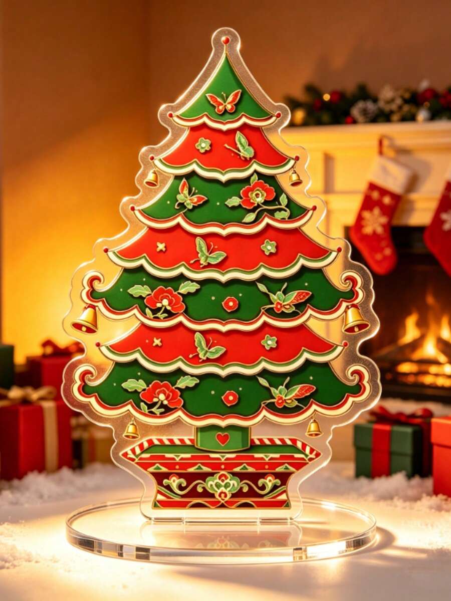 1PC Vintage Paper-Cut Style Christmas Tree Ornament, Paper-Cut Floral Butterfly Bell Christmas Tree Acrylic Desktop Decoration - 1pc - View 1