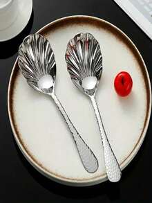 1pc/2pcs High Quality Multi-Functional Stainless Steel Hammered Shell Spoon, Portable Home Hotel Buffet Serving Spoon, Food Serving Spoon, Long Handle Large Public Spoon, Soup Spoon, Service Spoon, Creative Gift Suitable For Kitchen, Restaurant, Camping And Picnic Use - View 3