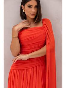 Long, One-Shoulder Party Dress In Dark Nude, Flowing Style, For Bridesmaids/Dates/Graduations/Guests. - Orange - View 2